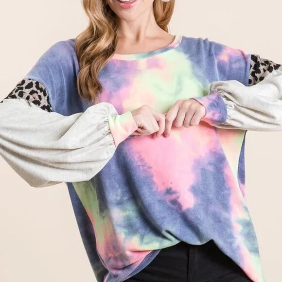 ✨NWT BiBi Tie Dye Terry Top with Contrast Puff Sleeves - Picture 4 of 9
